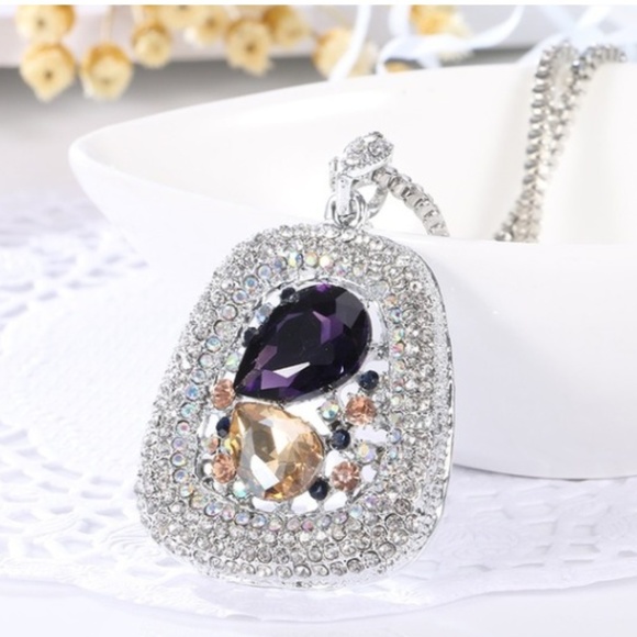 European Crystal Pendant Necklace; Silver - Picture 1 of 4